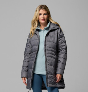 Chaqueta Acolchada Larga de Invierno para Mujer con Cierre Frontal, Cuello Alto y Logotipo Frontal, Nueva Llegada, Color Gris, Hecha en Pakistán - Product Image 2