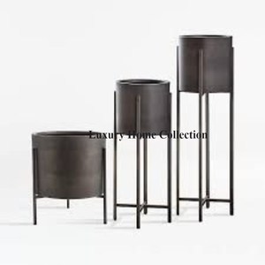 Brass <b>Antique</b> Finishing Metal Round Shape Planter and Pot Set of 2 With Black Color <b>Stand</b> and Frame Decoration for Home Hotel - Product Image 5