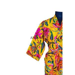 Kimono de Algodón Kantha para Mujer, Elegante Estampado Floral, Cuello en V, Largo Completo, Ropa de Dormir Térmica para Otoño, Invierno, Primavera, Verano y Playa - Product Image 4