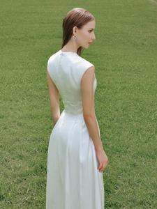 100% seda satén blanco cuello redondo Maxi vestido con mangas casquillo hasta el suelo boda invitado dama de honor regalo elegante boda invitado - Product Image 5