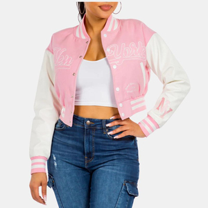 Veste universitaire personnalisée OEM 2025 avec patchs en chenille, veste universitaire de style streetwear, veste bomber contrastée pour femmes - Product Image 4
