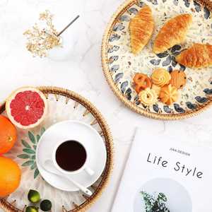 Bandeja de Servicio de Ratán, Mesa de Centro, Bandejas de Servicio con Incrustaciones de Nácar, Decoración Boho, Bandeja de Mimbre Tejida Decorativa, OEM ODM - Product Image 2