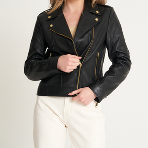 แจ็กเก็ตหนังวัวแท้สำหรับผู้หญิง, เสื้อแจ็คเก็ตหนังสไตล์นักขี่จักรยานพร้อมกระเป๋าธรรมชาติ - Product Image 1