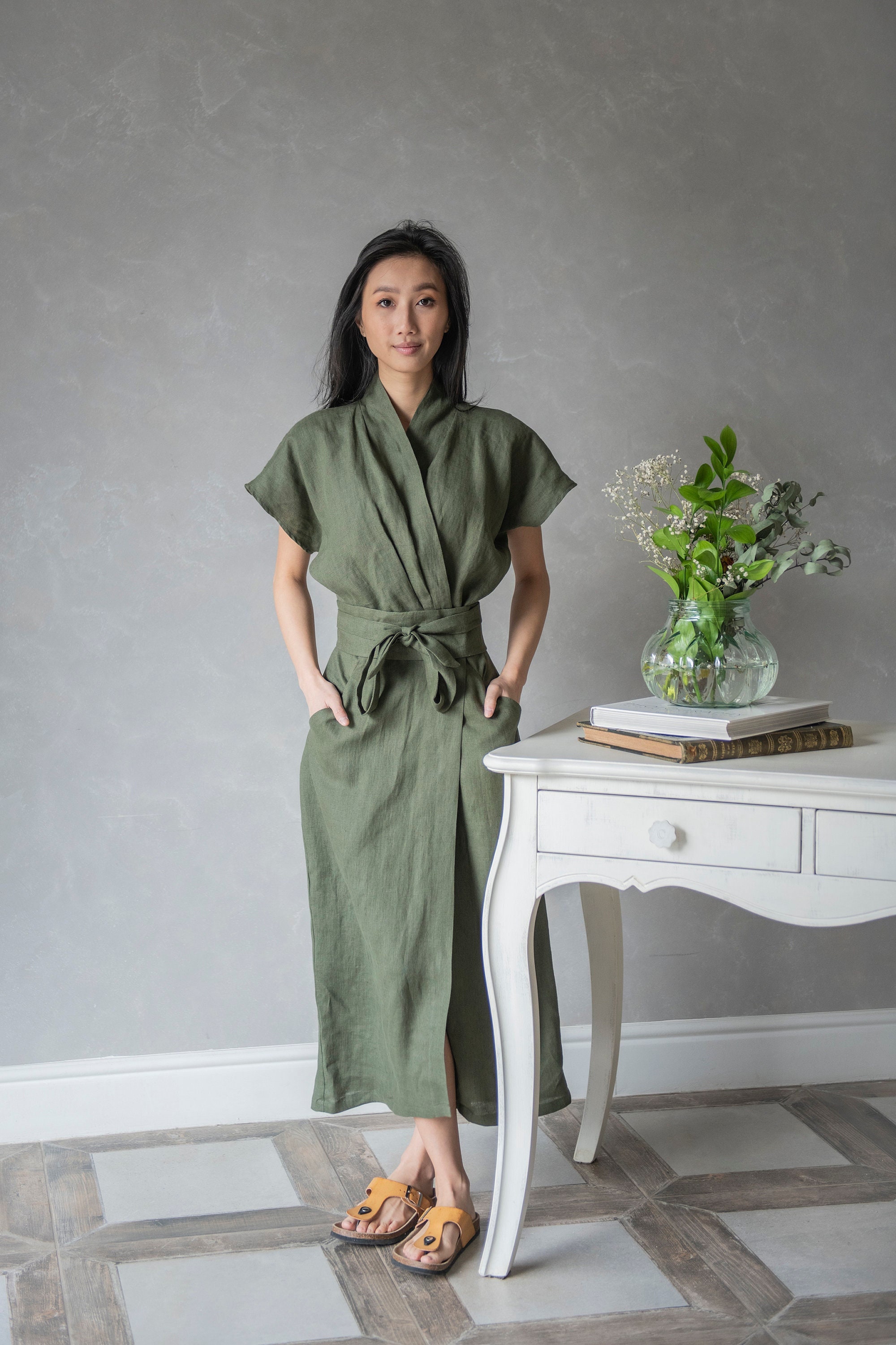High Quality Kimono Linen Wrap Dress Green Linen Kimono Wrap Dress Linen  Elegant Long Kimono Oversized Clothes for Women| Alibaba.com