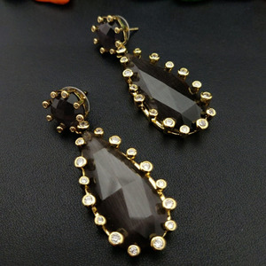 Charming Look Hydro Quartz Double Stone Cz Hanging Drop <b>Dangle</b> <b>Earrings</b> <b>Gold</b> Plated Prong Set Drop <b>Earrings</b> - Product Image 2