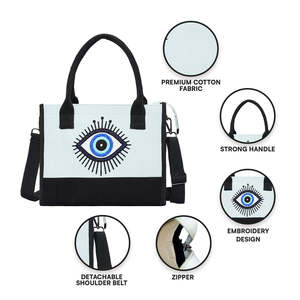 Portable Anti-Theft Evil Eye Tote <b>Bag</b> Embroidery Logo <b>Work</b> Zipper Closure Cotton Canvas Material Tote <b>Bag</b> For Everyday Use - Product Image 3