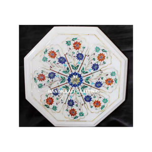 Surface solide en marbre blanc Finition brillante durable et écologique Forme octogonale traditionnelle Incrustation de fleurs Dessus de table à manger pour la maison - Product Image 1
