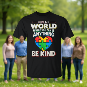 En un mundo donde puedes ser cualquier cosa, sé amable, camiseta con diseño de rompecabezas de corazón para concienciación sobre el autismo, color negro, unisex para adultos - Product Image 3