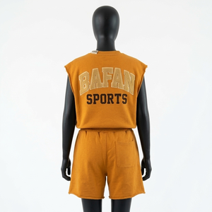 Conjunto de camiseta sin mangas y pantalones cortos para mujer, 220 GSM, algodón, poliéster, tejido de felpa, color mostaza naranja, ropa informal, logotipo personalizado - Product Image 2