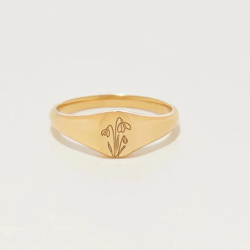 Trendy Meaningful Jewelry Wildflower Birth Flower Women Ring Water Resistant Stainless Steel 18k Gold Birth Floral Signet Ring