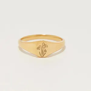 Trendy Significativo Jóias Wildflower Birth Flower Mulheres Anel Resistente à água Aço Inoxidável 18k Ouro Nascimento Floral Signet Anel