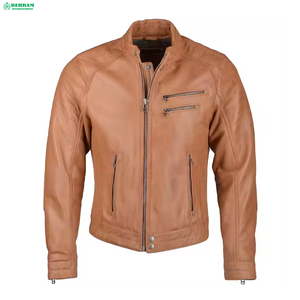 BEHRAM INTERNATIONAL Men's Genuine <b>Leather</b> Moto <b>Jacket</b> Stand Collar Zipper Closure Slim Fit Autumn Style <b>Brown</b> Color - Product Image 5