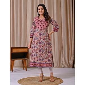 Kurti droit en coton imprimé gris et rose, respirant et décontracté, avec taille naturelle - Product Image 6