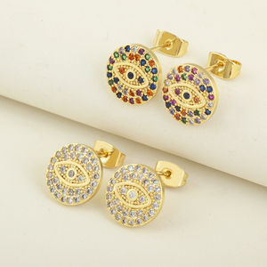 Pendientes de Botón Redondos con Ojo Turco, Chapados en <span class=keywords><strong>Oro</strong></span>, Hipoalergénicos, con Circonita Cúbica, para Mujer, Venta al por Mayor QIKU - Product Image 1