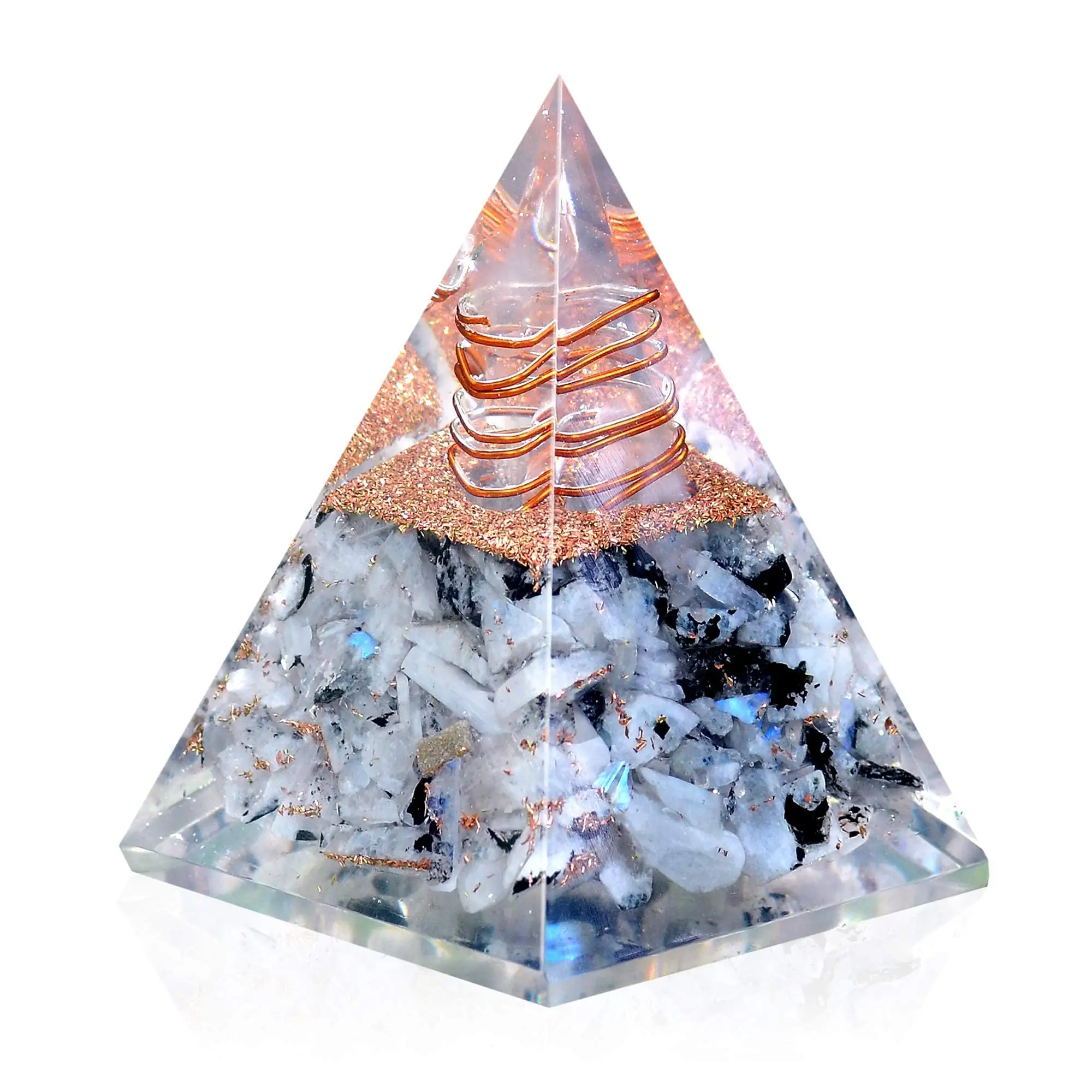 Natural crystal wholesale Top Selling White Rainbow moonstone Chips Orgonite Pyramid Beautiful super Quality