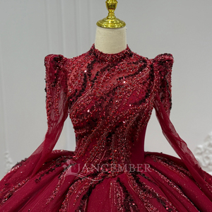 XS236 Muslim High Neck Red Full Sleeve Lace Beading Appliques <b>Crystal</b> <b>Ball</b> Gown Natural Waist Print Evening Party Dresses - Product Image 5