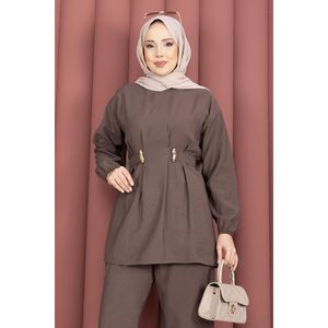 Ensemble deux pièces en tissu crêpe marron café, pantalon ajustable et détail broche à la taille, tenue élégante pour toutes les occasions - Product Image 2