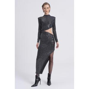 Sequined Deep Slit and Low Waist Midi <b>Dress</b> - <b>Silver</b> - Product Image 1