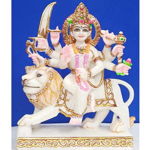 Estatuas de Durga Mata, Hermosas, Sentadas sobre un León, de Mármol Blanco Makrana, Pulido y Colorido, Fabricadas en India - Product Image 1