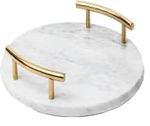 <b>Rounded</b> Decorative White <b>Marble</b> <b>Tray</b> with Gold Handles Resin Hot Selling Serving <b>Tray</b> for Home Decor - Product Image 1