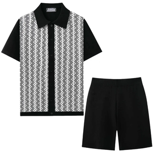 2PINZA Men's Geometric <b>Knitted</b> Polo Shirt and Shorts <b>Set</b> Casual Summer Outfit Brown and White Patterned Two Piece Wear - Product Image 2