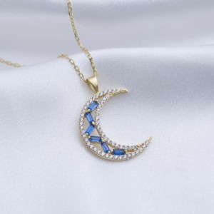 Collar con Colgante de Piedra de Zafiro en Forma de Luna Creciente, Plata 925, Joyería Artesanal Turca, Venta al por Mayor - Product Image 2