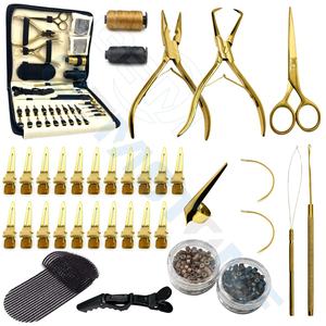 Kit d'outils professionnels en acier inoxydable pour extensions de cheveux, ensemble d'installation Micro Link, pinces, aiguilles, fil, perles de 5 mm, clips dorés - Product Image 2