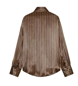 Camisa de mujer de calidad superior Camisa suelta de rayas marrones con mangas completas y estampado llamativo para un aspecto único a precio asequible - Product Image 1