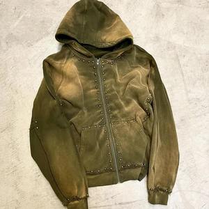 Sudadera con capucha holgada de gran tamaño personalizada para hombre, ropa informal desteñida al sol con lavado ácido, remache Vintage, diamantes de imitación, cremallera, hombro caído para invierno - Product Image 3