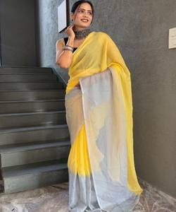 TRENDING GEORGETTE TWO SHADE LISO LISTO PARA USAR SAREE CON BLUSA DESCOSADA ROPA INFORMAL PRECIO AL POR MAYOR ROPA ÉTNICA AMARILLO - Product Image 1