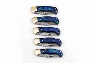 1 PCS Damascus Steel Bevel Folding <b>Utility</b> <b>Knife</b> Set Blue Wood Handle Leather Sheath <b>Pocket</b> <b>EDC</b> Hunting Camping Industrial Grade - Product Image 4