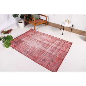 Vintage Turkish Rug 4.1x5.8 ft, <b>Red</b> Abstract <b>Wool</b> Rug - Product Image 2