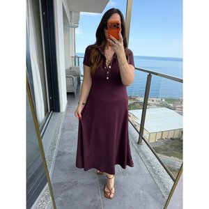 Robe longue en modal à manches courtes pour femme avec détails boutonnés sur les deux côtés, 37292 - Bourgogne - Product Image 4