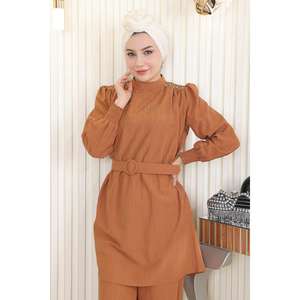 ชุดลำลอง 2 ชิ้น เสื้อท่อนบนประดับหินพร้อมเข็มขัดและกระโปรงยาวระดับกลางสีแทน MSW19104-4  ตกแต่งด้วยลายผ้าแบบเทคนิคการซัก - Product Image 2