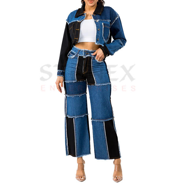 2023 Fashionable Patchwork Jacket And Trouser 2 Pieces Set On-trend Denim Cotton Women Latest Clothing