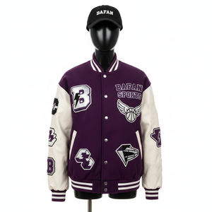 Veste universitaire pour femmes en laine mélangée de qualité supérieure, panneaux blancs et violets, manches en cuir PU, broderie de logo personnalisée, vestes universitaires pour femmes - Product Image 6