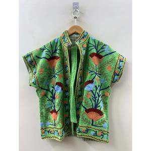 Baagh Eco-Friendly Handcrafted in Jaipur <b>Jacket</b>-Hand-Embroidered <b>Lime</b> Garden <b>Green</b> Velour Vest Suzani-Inspired Outer Wear - Product Image 1