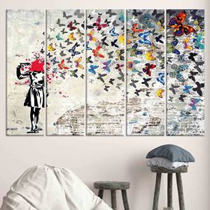 Toile d'art imprimée Banksy Butterfly Girl - Décoration murale style vitrail, lot de 5 toiles - Product Image 1