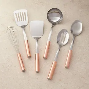 Ensemble d'ustensiles de cuisine plaqué argent avec poignée ronde en or Rose, ensemble de cuillères de service et de cuisson en or Rose