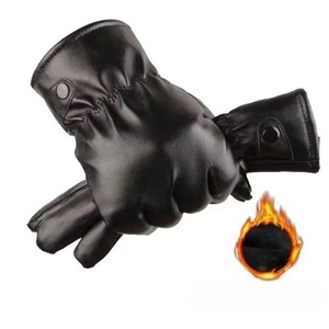 Gants en cuir PU noir thermiques d'hiver pour hommes, style hip-hop, fins, pour la conduite, antidérapants, doigts entiers, écran tactile - Product Image 3