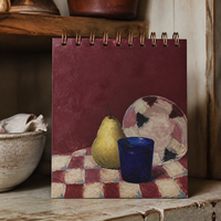 Carnet à spirale LABON personnalisé, couverture bordeaux, reliure dorée, journal artistique motif poire bleue