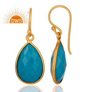 Boucles d'oreilles pendantes en argent sterling plaqué or 18 carats avec pierre précieuse naturelle turquoise, bijoux demi-fins, fabricant - Product Image 3