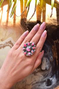 Bague ajustable en argent sterling Dahlia rose et turquoise faite à la main Boho bijoux de déclaration pour femmes - Product Image 4