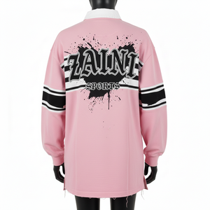 Maillot de rugby pour homme de qualité supérieure, 240 GSM, coton et polyester interlock, panneau contrasté rose, logo appliqué personnalisé, évacuation de l'humidité - Product Image 2