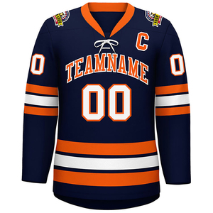 เครื่องแบบฮ็อกกี้น้ำแข็งสีน้ำเงินเข้มชุดฮ็อกกี้น้ำแข็งปรับแต่งได้น้ำหนักเบาพร้อมชื่อทีมพิมพ์ชื่อผู้เล่นและตัวเลข - Product Image 1