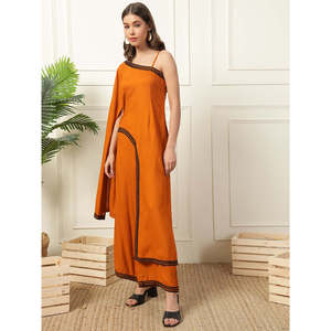 DEEBACO Conjunto de túnica de rayón liso hasta el tobillo con pantalón palazzo para mujer, mono largo de moda, vestido estilo occidental para mujer - Product Image 4