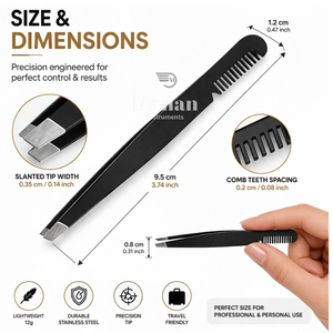 Pinzas para Cejas con Peine, Acero Inoxidable, Punta Inclinada, Herramienta de Depilación de Precisión, Color Negro, Herramienta 2 en 1 para Cejas - Product Image 5