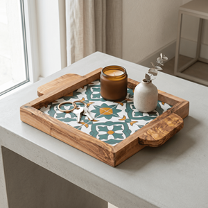 Plateau de service carré élégant en bois d'olivier et céramique, plateau ottoman pour la décoration moderne de table basse - Product Image 6