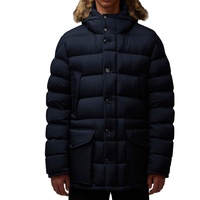 Veste matelassée longue pour homme en coton écologique bleu marine, à capuche avec garniture en fourrure, coupe-vent, décontractée, pour l'hiver, coupe régulière, en toile épaisse