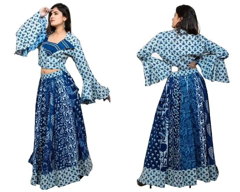 2019 Indo Phong Cách Phương Tây Indigo Block In Váy Tây Cổ Áo Phong Cách Ô Tay Áo Áo Top Dance Mặc Váy Boho